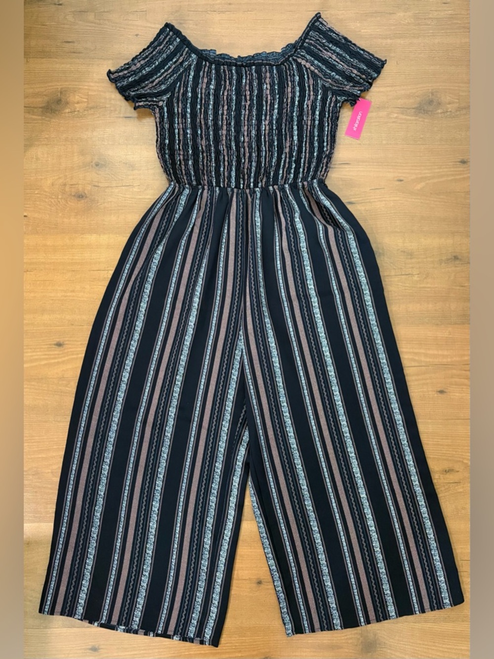 Xhilaration Navy and Pink Striped Off-Shoulder Jumpsuit